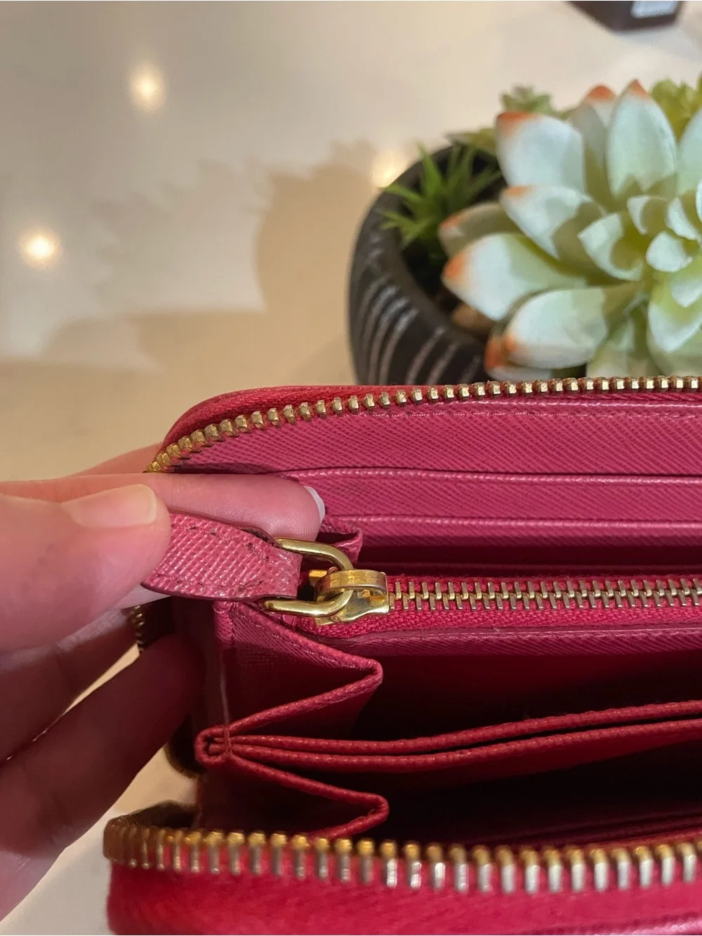 GUC Prada Pink Saffiano Metal Leather Bow Continental Wallet